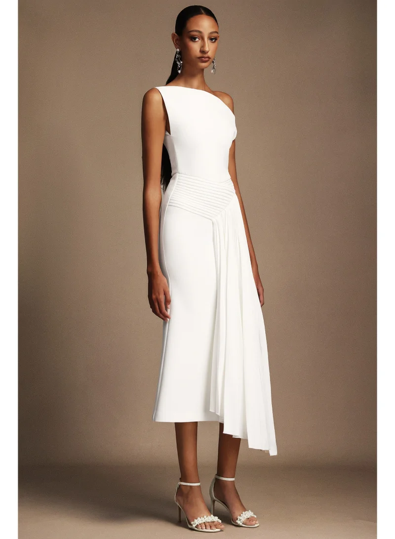 Bella Barnett  Paulina Oblique Shoulder Sleeveless Folds Midi Dress for Women | Best Price UAE