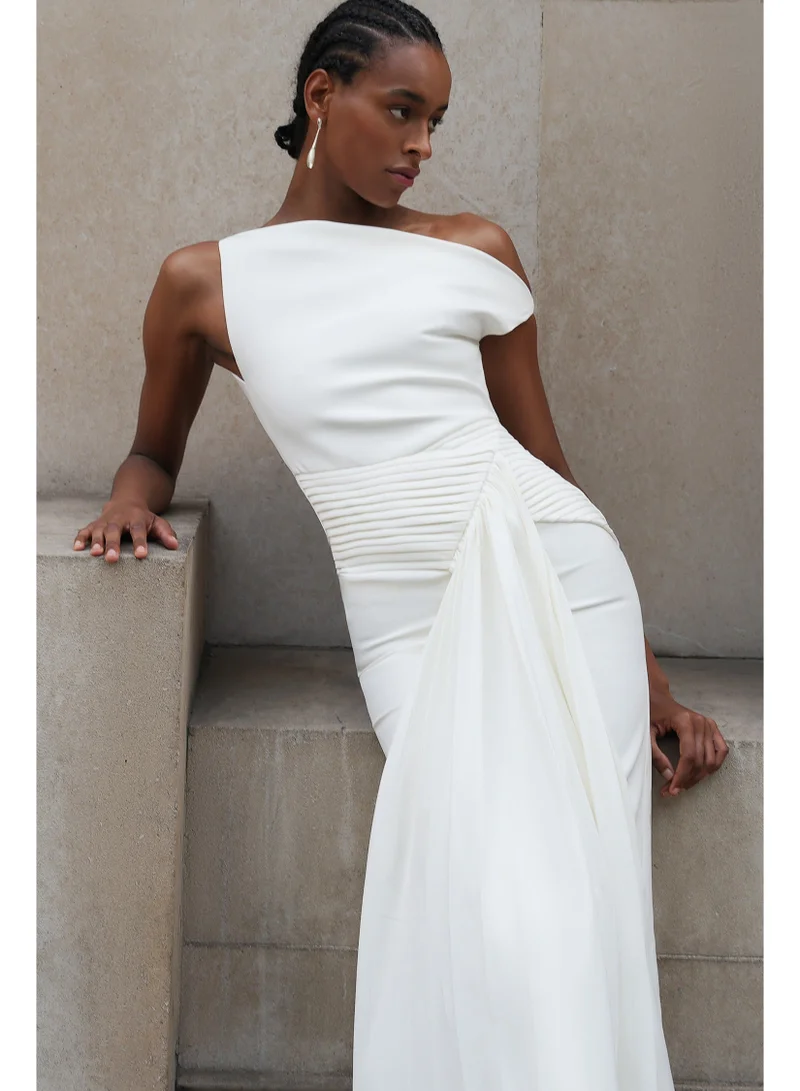 Bella Barnett  Paulina Oblique Shoulder Sleeveless Folds Midi Dress for Women | Best Price UAE