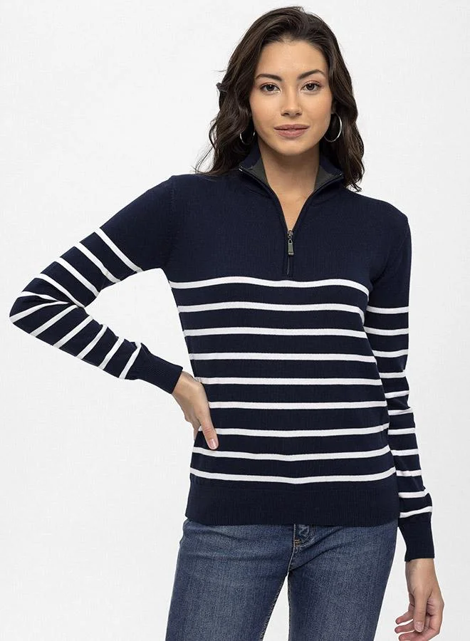 FELIX HARDY Navy Half Zipper Striped Pullover for Women | Best Price UAE