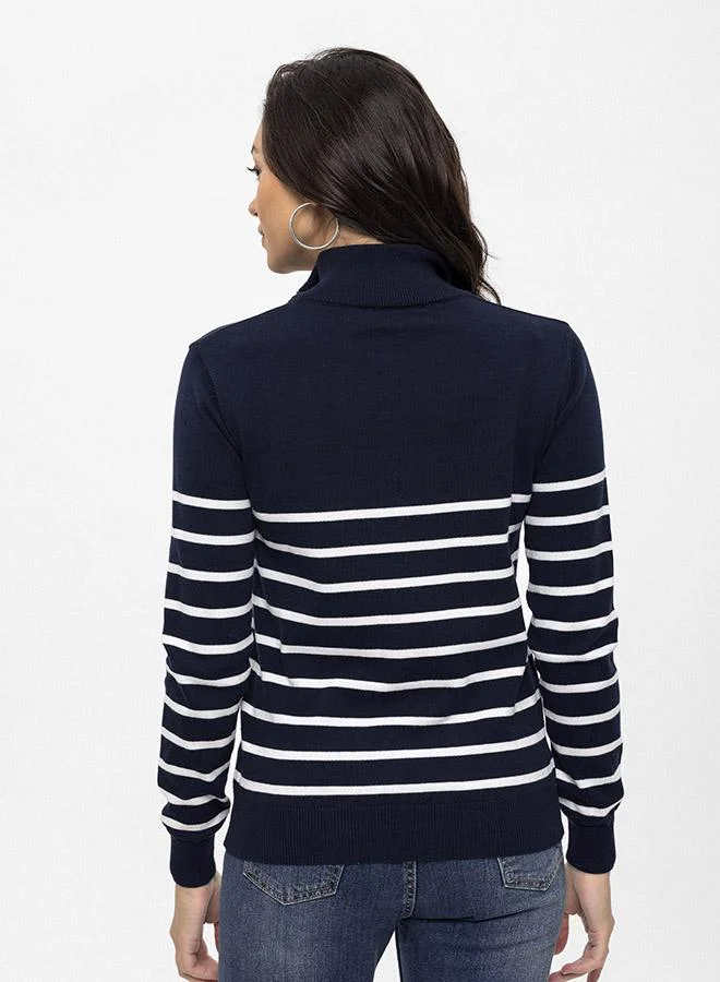 FELIX HARDY Navy Half Zipper Striped Pullover for Women | Best Price UAE