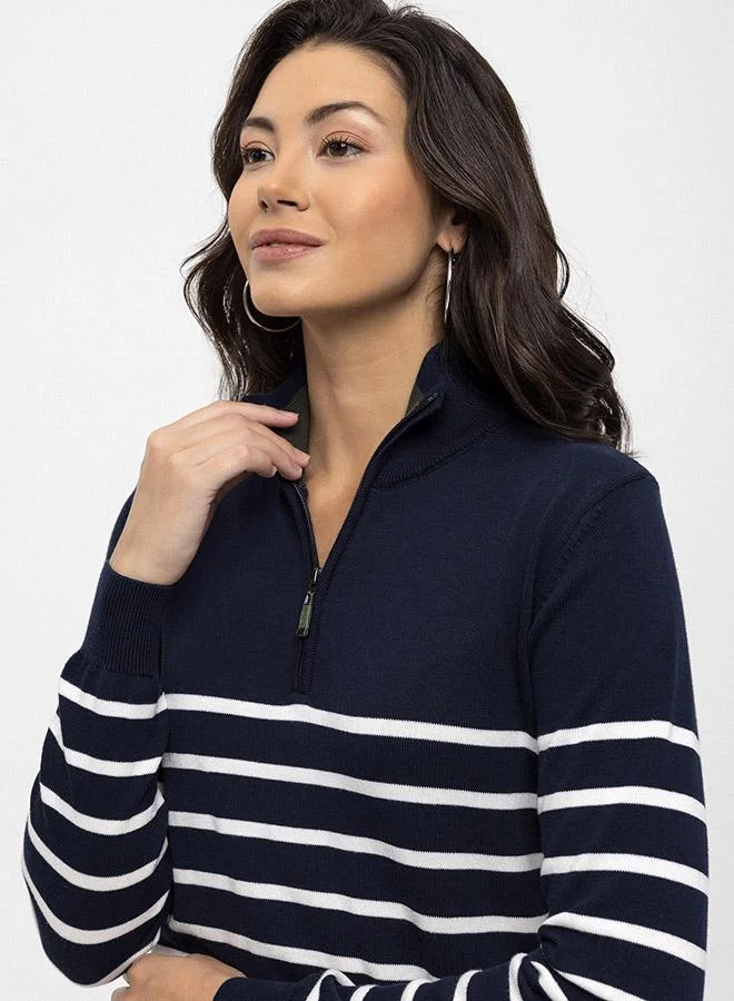 FELIX HARDY Navy Half Zipper Striped Pullover for Women | Best Price UAE