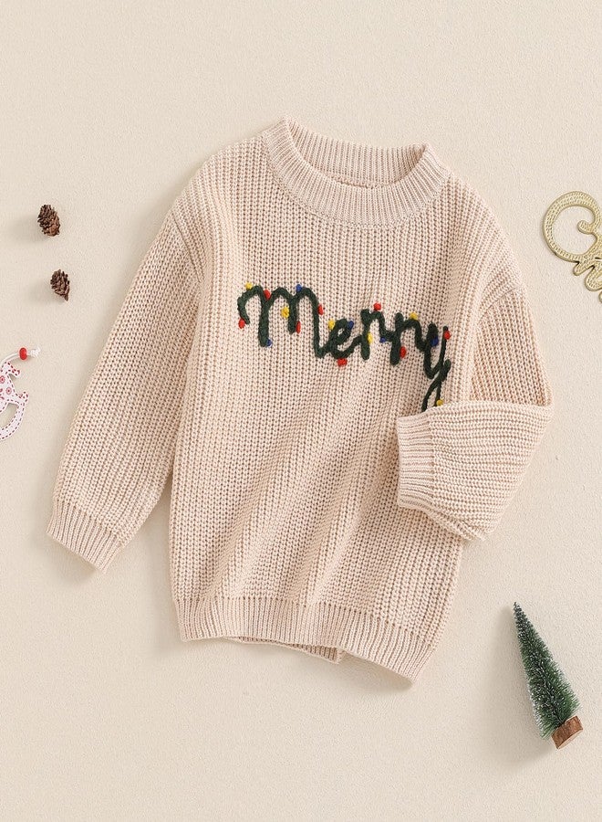 Honganda Infant Baby Girl Boy Christmas Thanksgiving Sweater Long Sleeve Letter Embroidery Pullover Knitwear Fall Outfit (Merry Beige, 2-3 Years) - Image 2