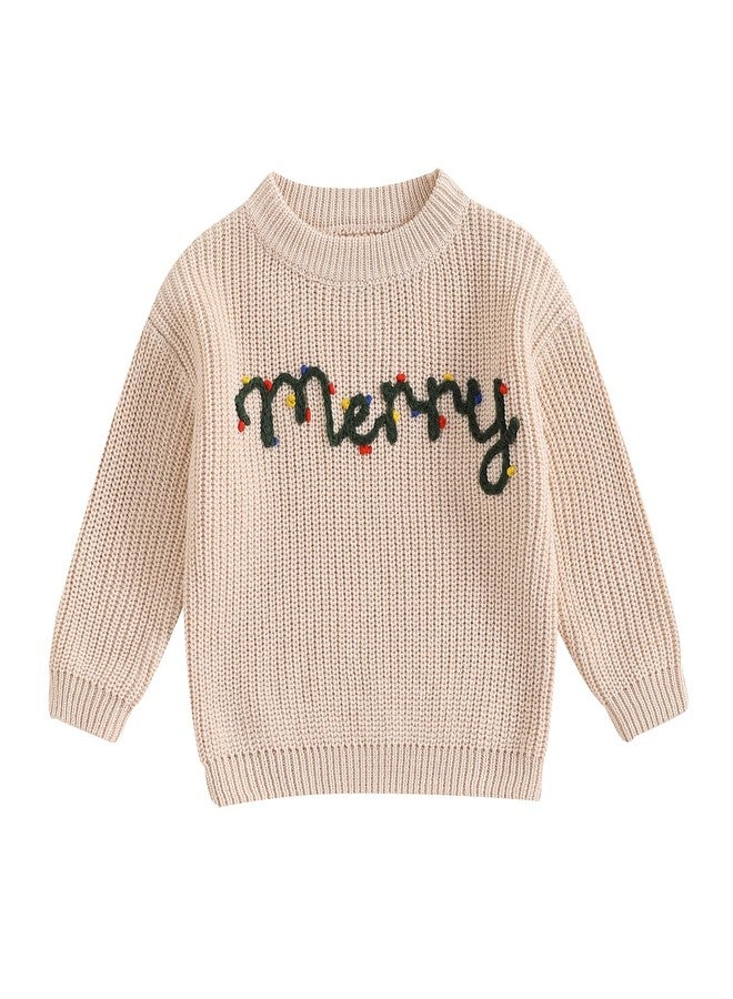 Honganda Infant Baby Girl Boy Christmas Thanksgiving Sweater Long Sleeve Letter Embroidery Pullover Knitwear Fall Outfit (Merry Beige, 2-3 Years) - Image 1