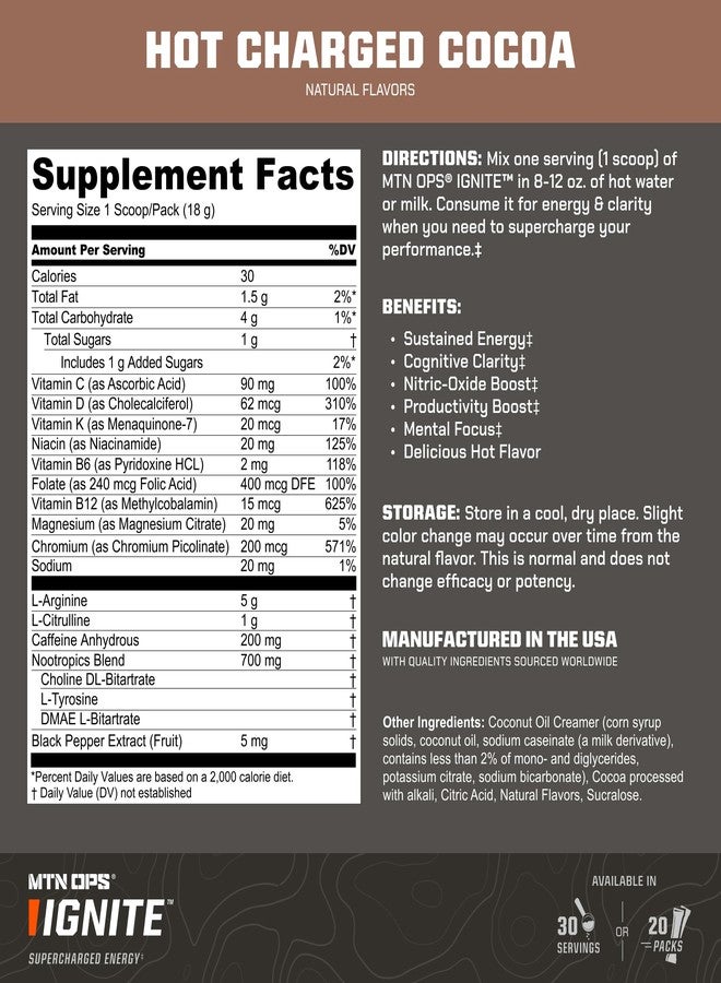 MTN OPS Hot Ignite Nitric Oxide Coffee Alternative with 200mg Caffeine per Serving, L Citrulline and L Arginine, Low Sugar Nootropic Blend Caffeine Powder, 30 Servings, Charged Cocoa - Image 3