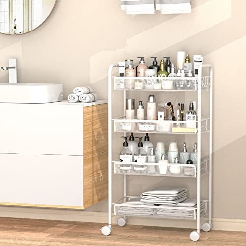 OVICAR 4 Tier Mesh Wire Rolling Cart, Kitchen Storage Organizer Utility Cart, Full Metal Basket Storage Art Trolley Carts with Wheels & 4 Side Hooks - Image 4