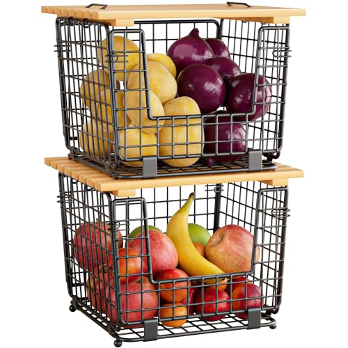 GGIU Wire Storage Basket for Kitchen Pantry: GGIU Stackable Kitchen Counter Organizers - Wire Organizing Bin for Produce Vegetable Potato and Onion Black - Image 1