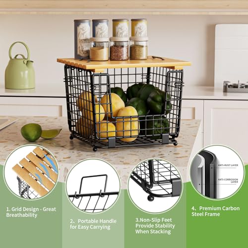 GGIU Wire Storage Basket for Kitchen Pantry: GGIU Stackable Kitchen Counter Organizers - Wire Organizing Bin for Produce Vegetable Potato and Onion Black - Image 5