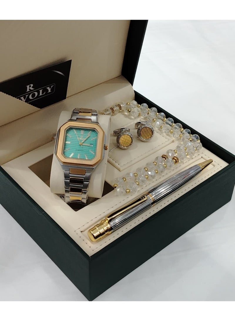 ريفولي طقم رجالي من الستانلس ستيل يتكون من ساعة وسبحة وقلم وازرار اكمام