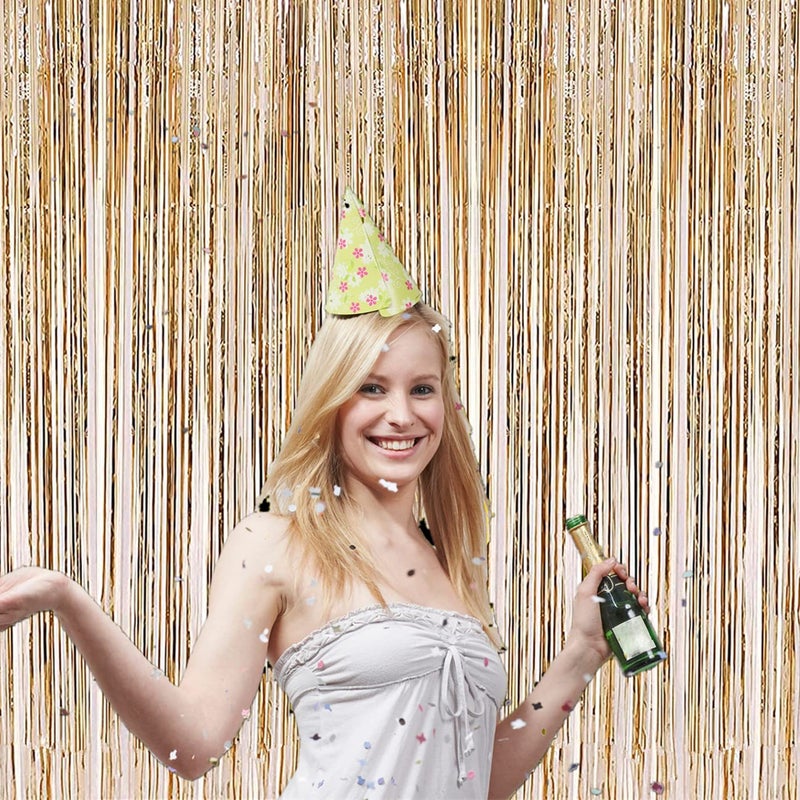 i-CHONY 2 Pcs 3.2ft x 8.2ft Champagne Gold Metallic Tinsel Foil Fringe Curtains Photo Booth Backdrop for Baby Shower Birthday Wedding Holiday Celebration Bachelorette Party Decorations - Image 3