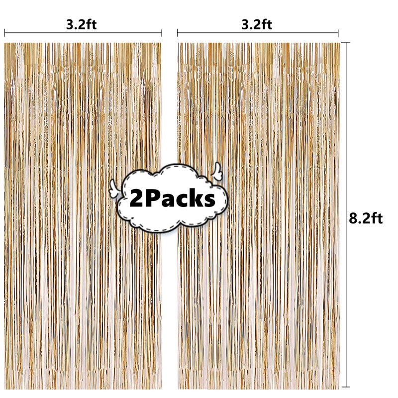 i-CHONY 2 Pcs 3.2ft x 8.2ft Champagne Gold Metallic Tinsel Foil Fringe Curtains Photo Booth Backdrop for Baby Shower Birthday Wedding Holiday Celebration Bachelorette Party Decorations - Image 2
