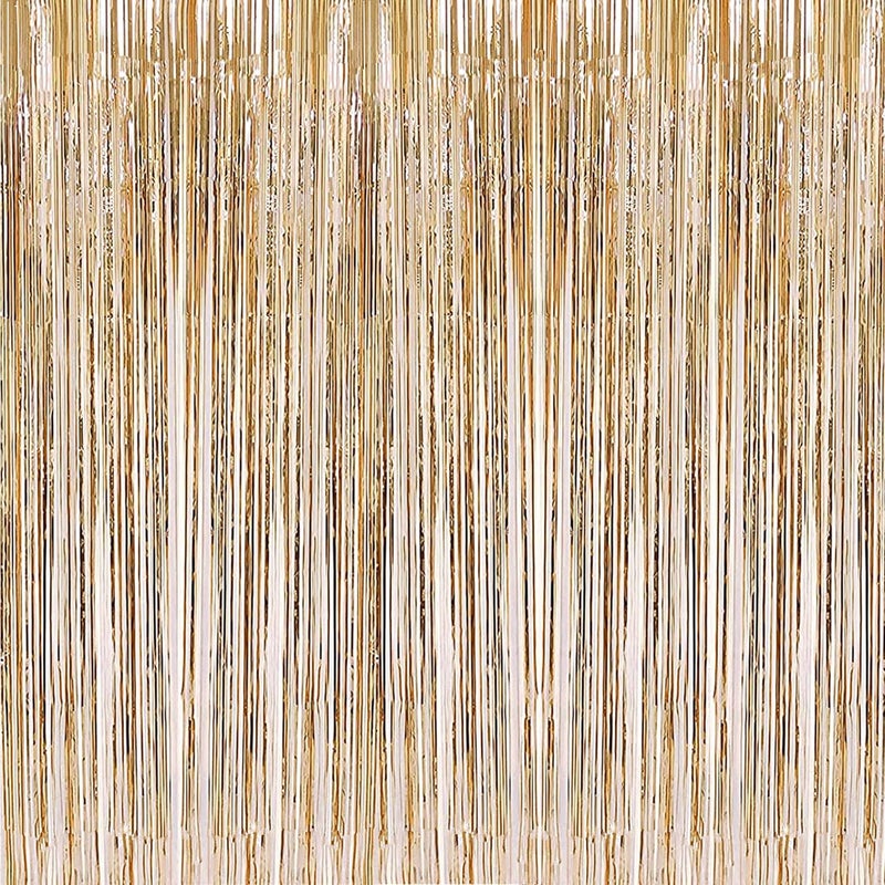 i-CHONY 2 Pcs 3.2ft x 8.2ft Champagne Gold Metallic Tinsel Foil Fringe Curtains Photo Booth Backdrop for Baby Shower Birthday Wedding Holiday Celebration Bachelorette Party Decorations - Image 1