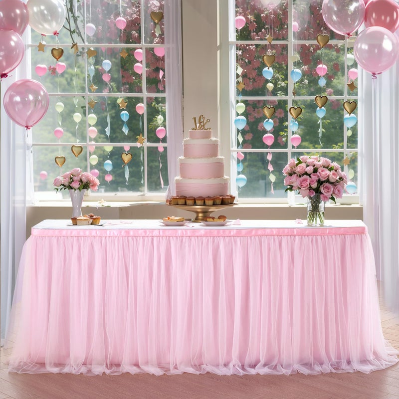 Suppromo Suppromo 9ft Pink Tulle Table Skirt for Rectangle Tables or Round Tables Tutu Table Cloths for Princess Baby Shower Girl Birthday Party Cake Dessert DecorationsL9ftH 30in Pink 