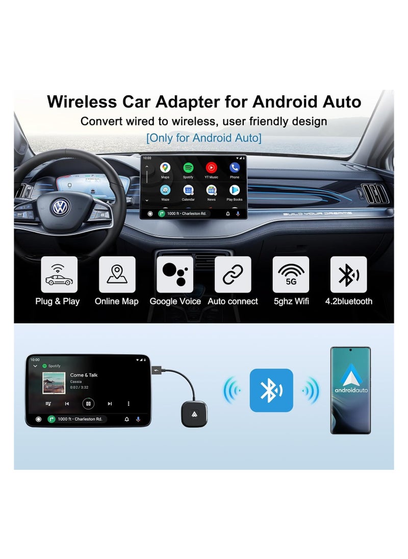 Android Car Wireless Adapter | Wireless Android Auto Dongle for Cars with Wired AA | USB-C Wireless Android Car Adapter | 98% Car Compatibility | Fast Wireless Connection for Android Auto & Stereos