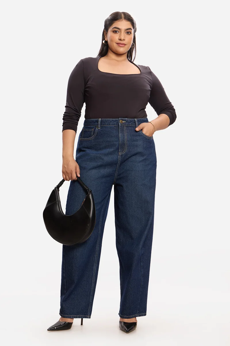 فيرجيو Solid Cotton Denim Barrel Fit Plus Size Jeans for Women