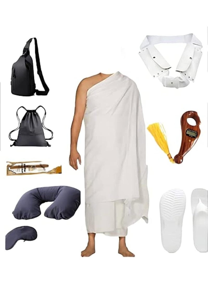 6 PCS Premium Hajj & Umrah Ihram Kit for Men Ihram Towels, Waist Belt, Tasbeeh Counter, Slippers, Travel Bags & Neck Pillow – Complete Pilgrim Set - Image 1