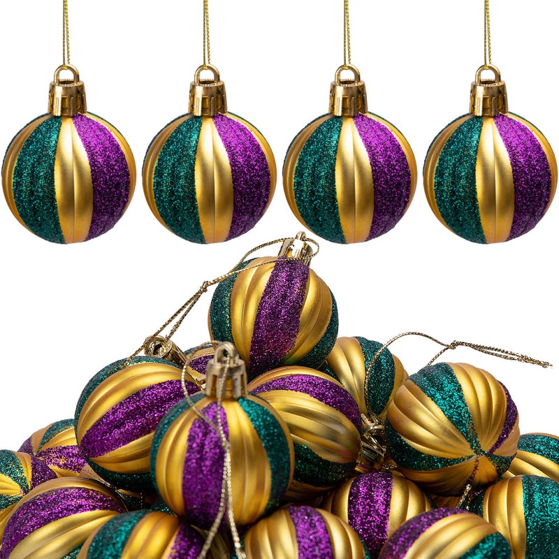 Watayo 24 Pcs Mardi Gras Glitter Ball Ornaments- 1.6" Mardi Gras Shatterproof Hanging Balls Ornament- Purple Gold Green Tree Balls for Mardi Gras Holiday New Orleans Masquerade Party Decoration - Image 1