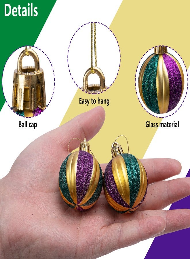 Watayo 24 Pcs Mardi Gras Glitter Ball Ornaments- 1.6" Mardi Gras Shatterproof Hanging Balls Ornament- Purple Gold Green Tree Balls for Mardi Gras Holiday New Orleans Masquerade Party Decoration - Image 3