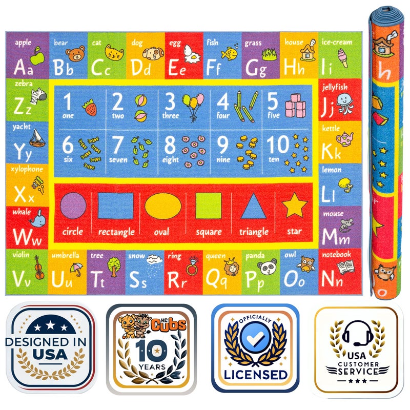 KC Cubs KC CUBS ABC Alphabet Numbers and Shapes Educational Learning  Fun Game Play Area Non Slip Boy Girl Kids Rug Carpet for Children Bedroom Toddler Classroom Baby Playroom Mat Playtime Activity 
