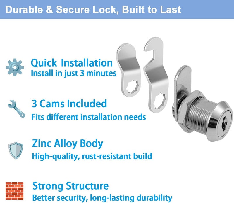 PawGlow 5/8" Cabinet Locks with Keys, Keyed Alike Cam Lock for Tool Box, Mailbox, RV Storage and Pickup Trucks, Zinc Alloy (3 Pack, 5/8 Inch) - Image 5