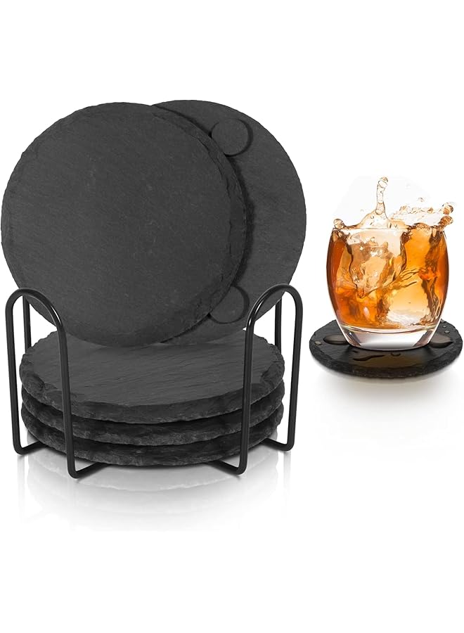 The Bros Slate Coaster, 6 Pack Slate Coasters 4 Inch,4 Inch Black Stone Coasters Bulk Cup Handmade Coaster Set - Image 1