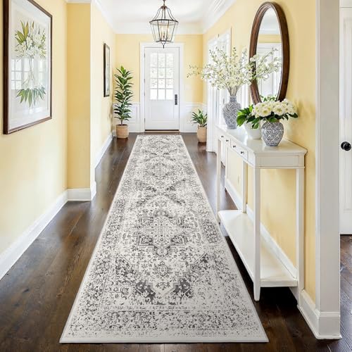 EISUROM Washable 2'6''x12' Runner Rug - Non-Slip Vintage Runner Rug for Entryway Low-Pile Medallion Long Rugs for Hallway Waterproof Traditional Runner Rugs Indoor Thin Rug for Kitchen Grey - Image 1