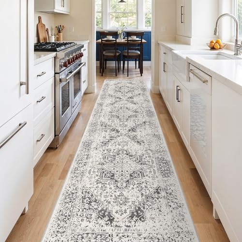 EISUROM Washable 2'6''x12' Runner Rug - Non-Slip Vintage Runner Rug for Entryway Low-Pile Medallion Long Rugs for Hallway Waterproof Traditional Runner Rugs Indoor Thin Rug for Kitchen Grey - Image 2