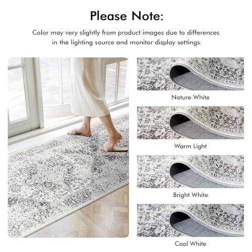 EISUROM Washable 2'6''x12' Runner Rug - Non-Slip Vintage Runner Rug for Entryway Low-Pile Medallion Long Rugs for Hallway Waterproof Traditional Runner Rugs Indoor Thin Rug for Kitchen Grey - Image 5