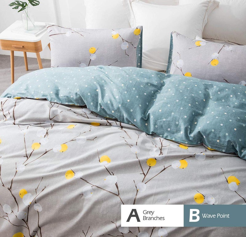 SLEEPBELLA Duvet Cover King, 600 Thread Count Cotton Grey Branch with Yellow Turquoise Polka Dot Pattern Green Reversible Comforter Cover(King, Grey Branches) - Image 3