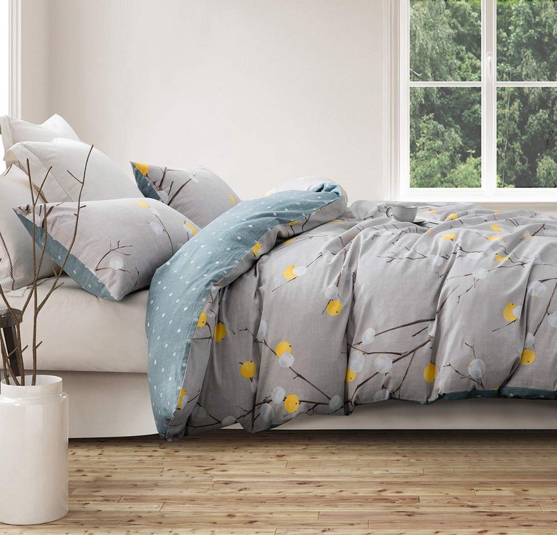 SLEEPBELLA Duvet Cover King, 600 Thread Count Cotton Grey Branch with Yellow Turquoise Polka Dot Pattern Green Reversible Comforter Cover(King, Grey Branches) - Image 2