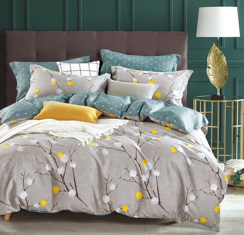 SLEEPBELLA Duvet Cover King, 600 Thread Count Cotton Grey Branch with Yellow Turquoise Polka Dot Pattern Green Reversible Comforter Cover(King, Grey Branches) - Image 1