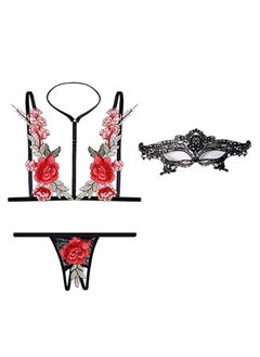 Women Floral Strappy Lingerie Set with Black Lace Mask, Cut Out Crisscross Push Up Bra and Panty Underwear 3 Pieces Sets