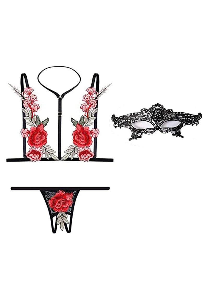 Excefore - Women Floral Strappy Lingerie Set with Black Lace Mask, Cut Out Crisscross Push Up Bra and Panty Underwear 3 Pieces Sets - Image 1