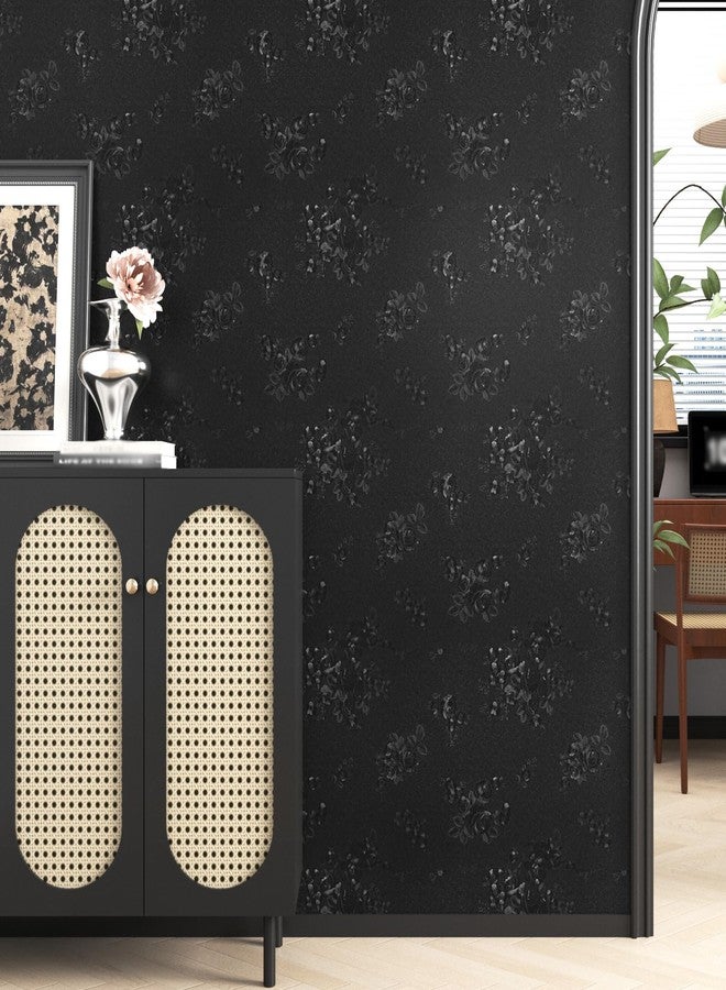 Wallercity Pure Black Floral Peel and Stick Wallpaper for Bedroom Bathroom Decor Vinyl Silk Gauze Roses Self Adhesive Waterproof Floral Contact Paper for Cabinets Dresser Accent Walls 15.8''x78.7'' - Image 4