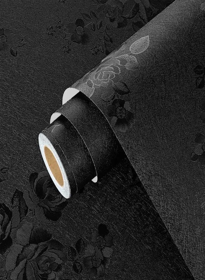 Wallercity Pure Black Floral Peel and Stick Wallpaper for Bedroom Bathroom Decor Vinyl Silk Gauze Roses Self Adhesive Waterproof Floral Contact Paper for Cabinets Dresser Accent Walls 15.8''x78.7'' - Image 1