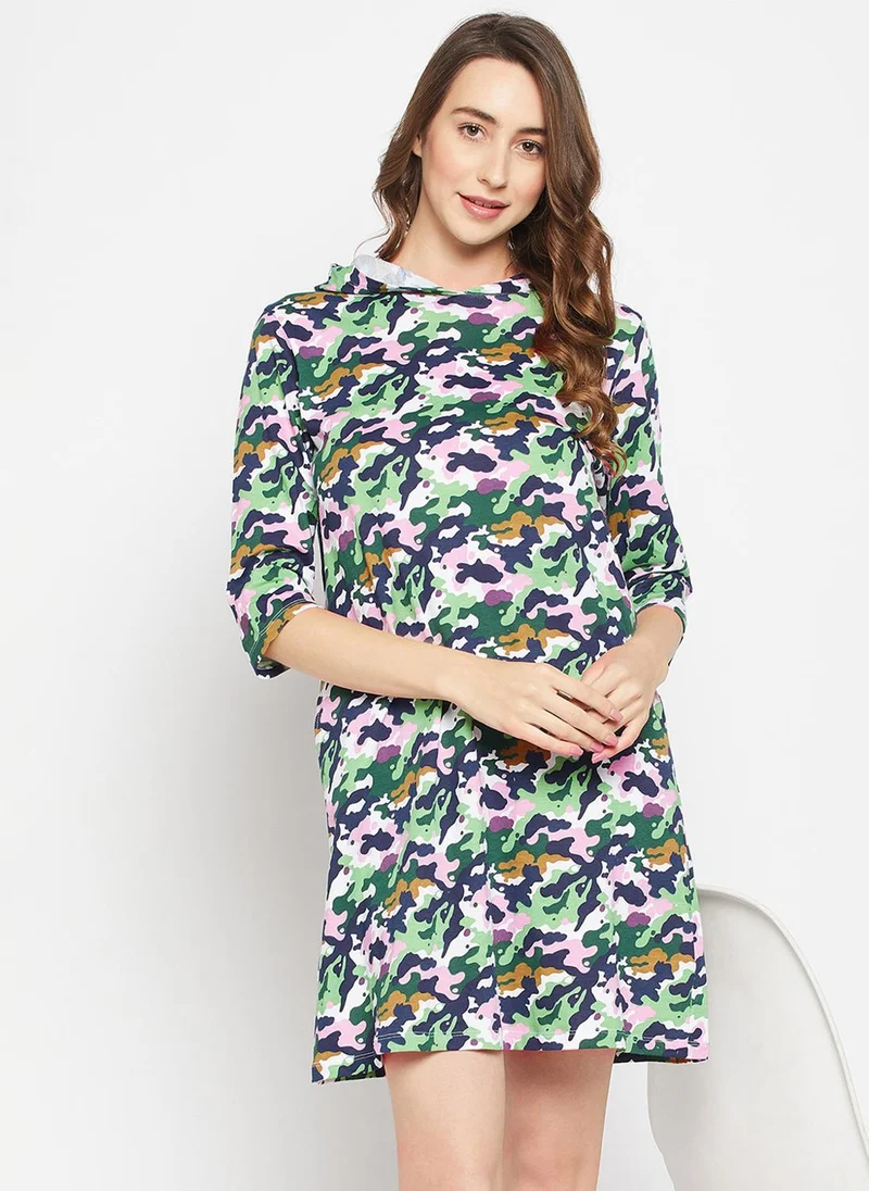 كلوفيا Clovia Camouflage Print Hooded Short Nighty in Green - 100% Cotton