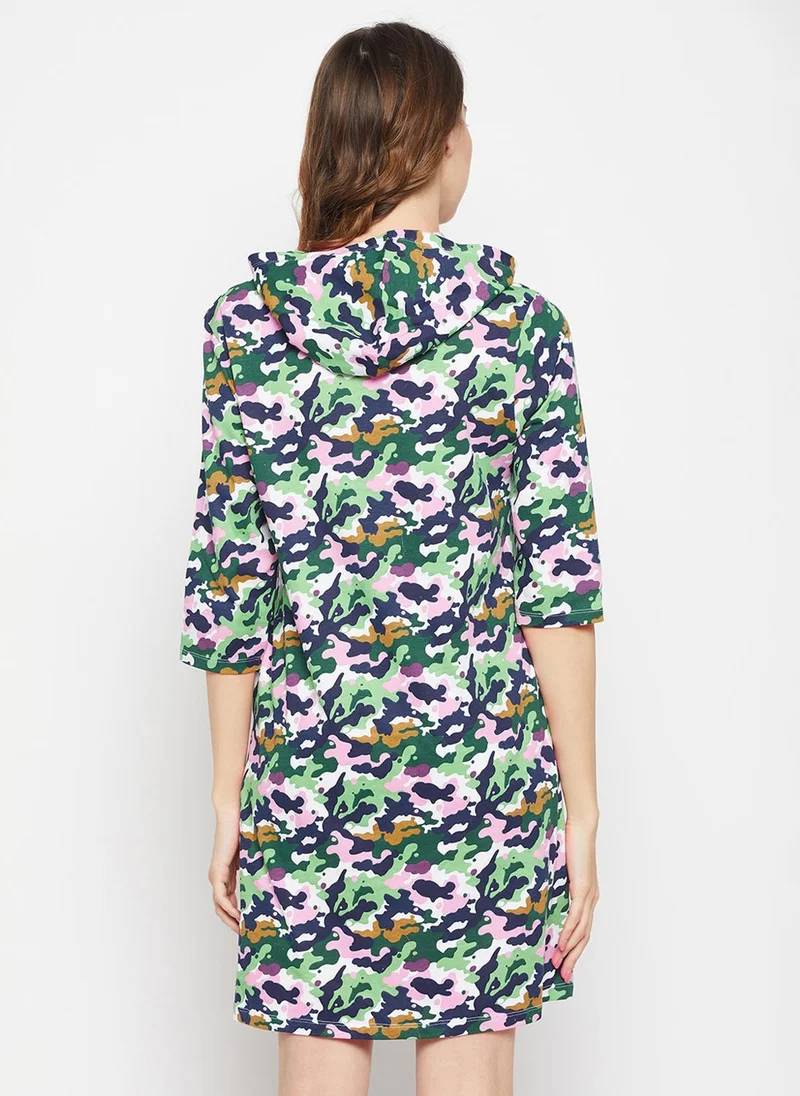 Clovia Multi Clovia Camouflage Print Hooded Short Nighty in Green - 100% Cotton for Women | Best Price UAE