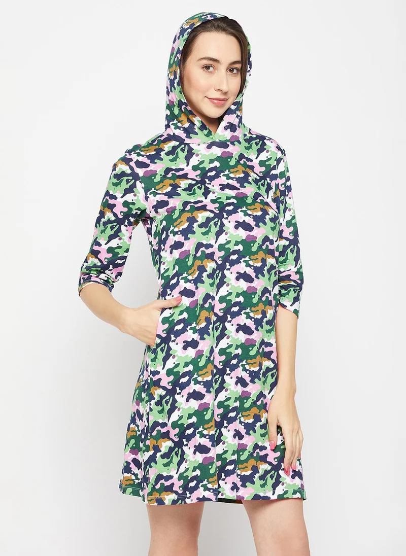 Clovia Multi Clovia Camouflage Print Hooded Short Nighty in Green - 100% Cotton for Women | Best Price UAE