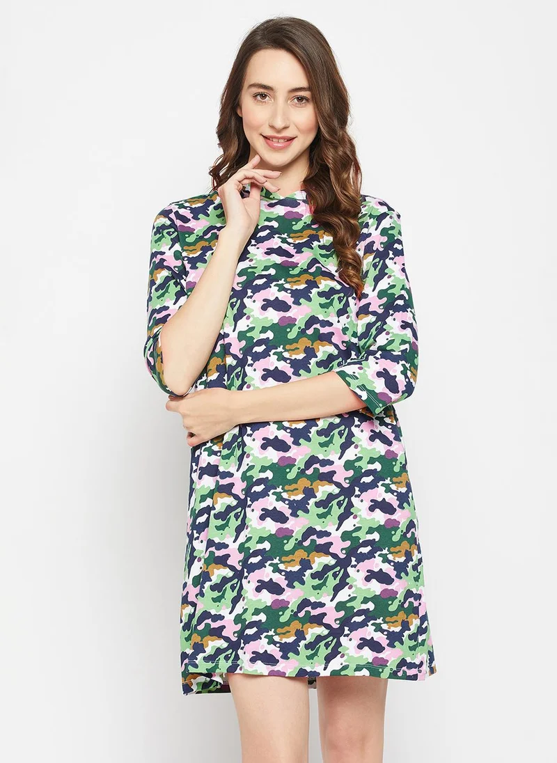 كلوفيا Clovia Camouflage Print Hooded Short Nighty in Green - 100% Cotton