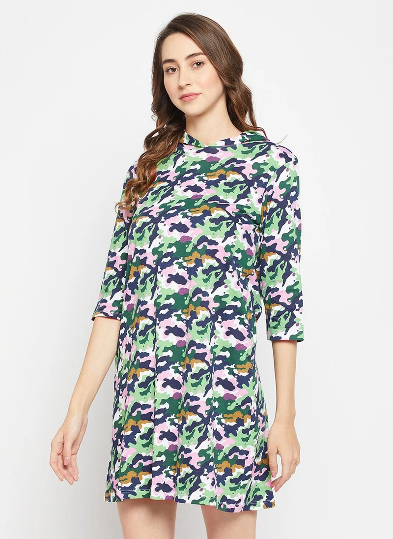 Clovia Multi Clovia Camouflage Print Hooded Short Nighty in Green - 100% Cotton for Women | Best Price UAE