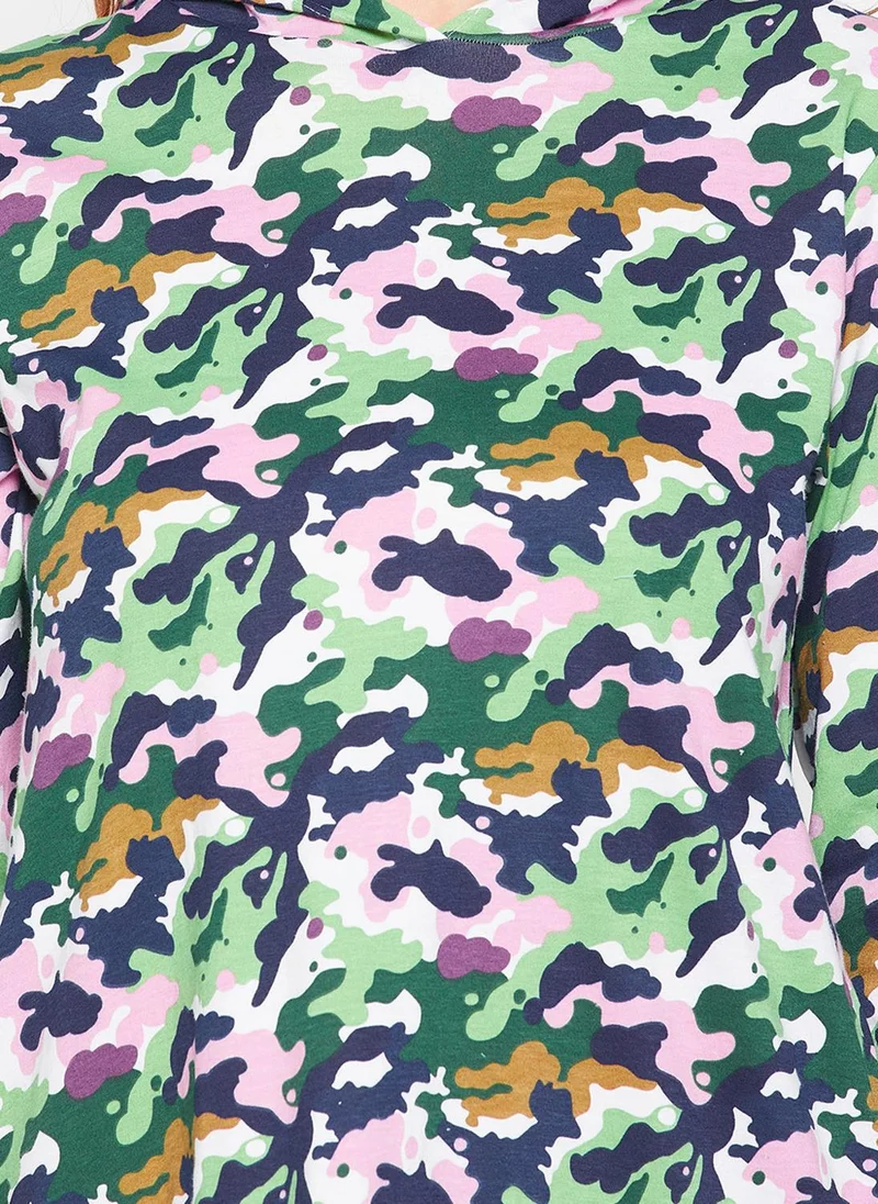 Clovia Multi Clovia Camouflage Print Hooded Short Nighty in Green - 100% Cotton for Women | Best Price UAE