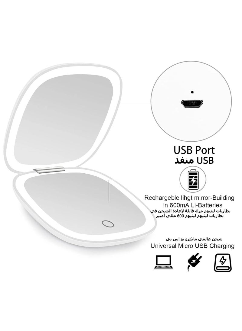 مرآة مكياج مضيئة محمولة بإضاءة وعاكس مكبر بمقدار ذو جانبين قابل للتعتيم وقابلة للطي، مثالية لحقيبة اليد والجيب مع شحن