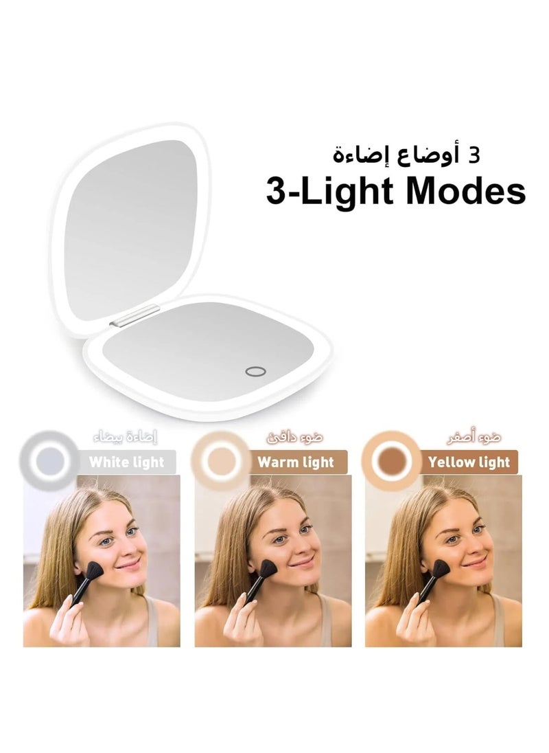 مرآة مكياج مضيئة محمولة بإضاءة وعاكس مكبر بمقدار ذو جانبين قابل للتعتيم وقابلة للطي، مثالية لحقيبة اليد والجيب مع شحن