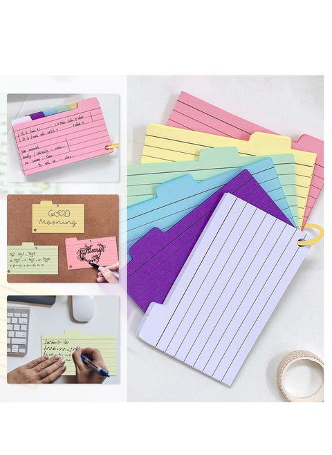 Tabbed Index Cards, 300PCS Colourful Flash Cards with 8 Binder Rings, Ruled Revision Cards Spiral Flashcards,Lined with HeadlineRecord Cards for Learning Note Taking to Do List