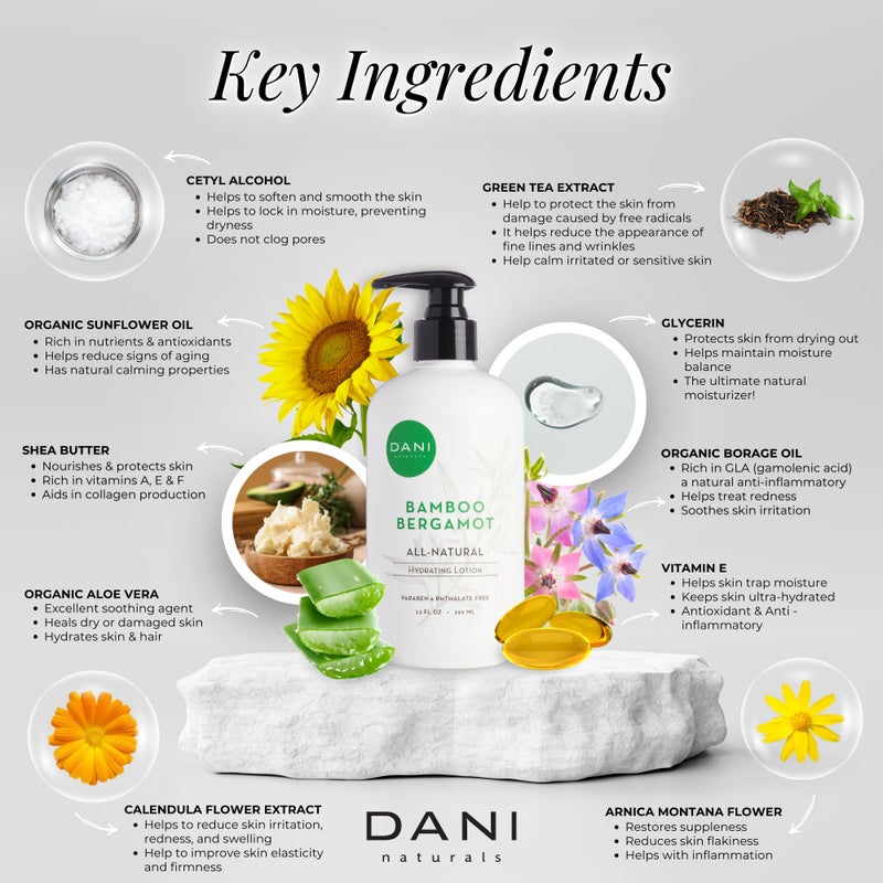 DANI Naturals Hand & Body Lotion - Clean Bamboo Bergamot Scented, Deep Hydration Lotion for Dry Skin, With Shea Butter & Aloe Vera, Natural & Organic Ingredients, Paraben-Free, 12 Oz - Image 3
