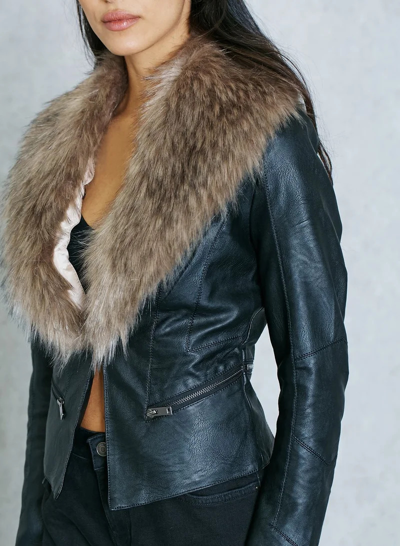 Ginger PU Faux Fur Biker Jacket