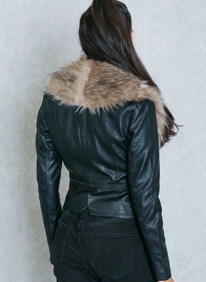 Ginger PU Faux Fur Biker Jacket