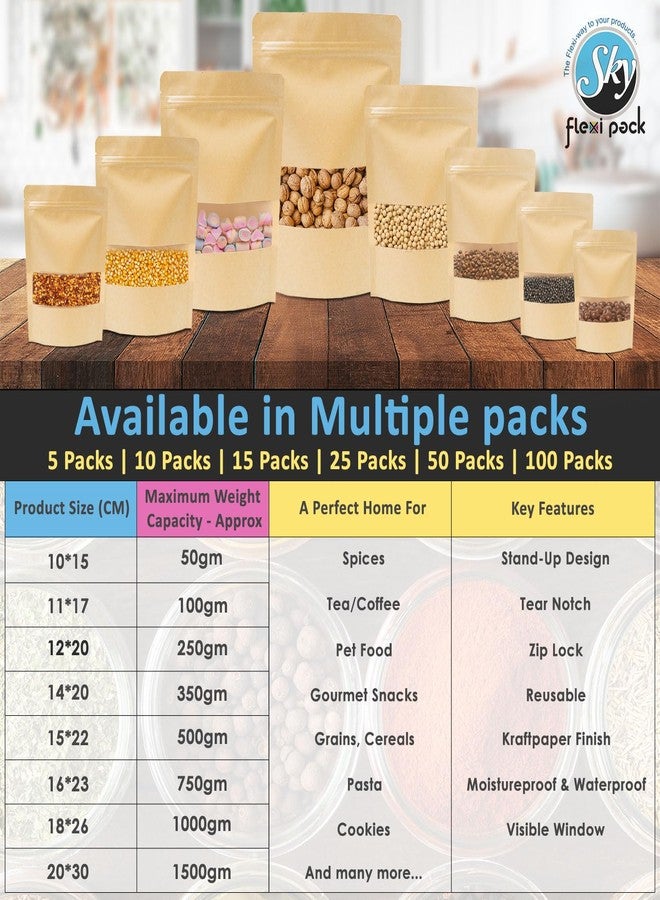 SKY FLEXI PACK Kraft Paper Ziplock Pouch 18 x 26cm, Pack of 15 Airtight Reusable Stand Up Waterproof Multi-purpose Storage Bags with Rectangle Transparent Window, Capacity up to 1000g - Image 5