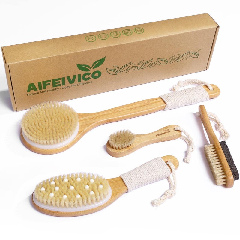 AIFEIVICO Natural Boar Bristle Dry Brush - Exfoliating Body, Face & Foot Brush, Long Handle Back Scrubber, Meridian Pressure for Lymphatic Drainage & Cellulite - Image 1
