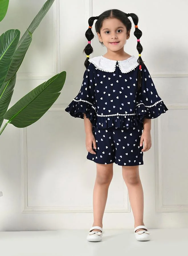 BELLA MODA Bella Moda Heart Printed Lace Detail Top and Shorts Set