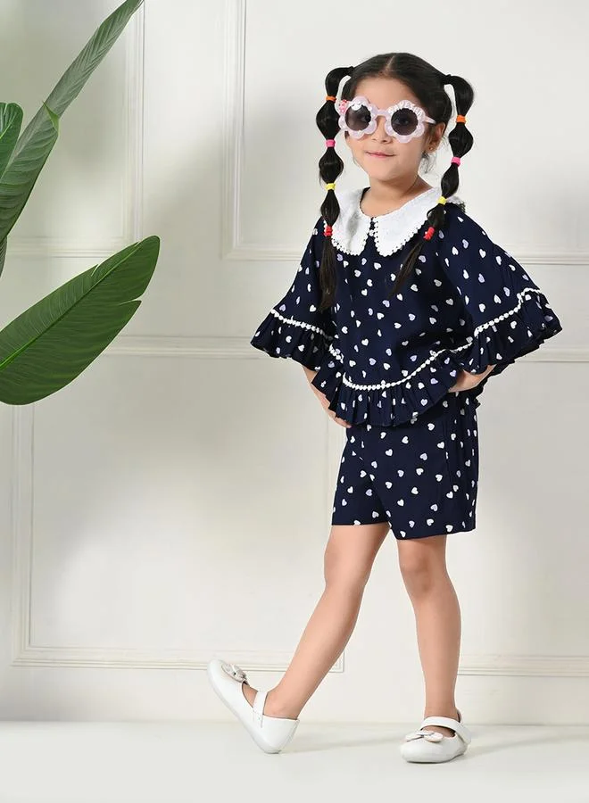BELLA MODA Bella Moda Heart Printed Lace Detail Top and Shorts Set